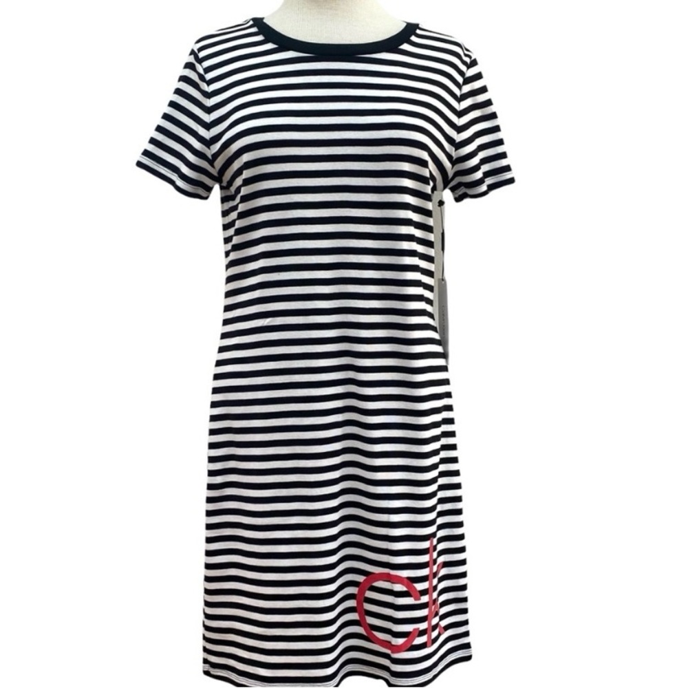 Calvin Klein White Black Striped Short Sleeve Knee Length CK Logo T-Shirt Dress